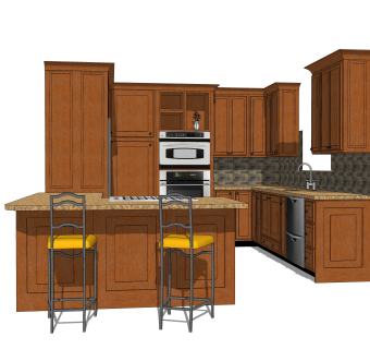 美式橱柜草图大师免费模型，岛型厨房柜sketchup模型下载