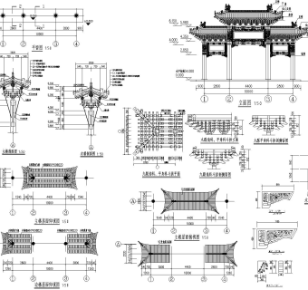 四柱三楼牌坊CAD建筑施工图纸