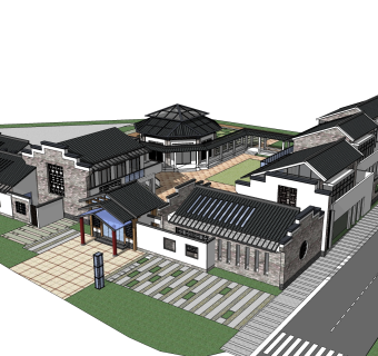 新中式徽派建筑草图大师模型，古建民俗sketchup模型免费下载