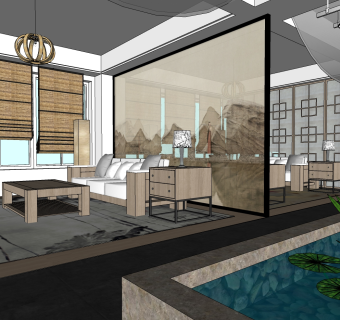 新中式酒店餐厅草图大师模型，餐厅隔间sketchup模型免费下载