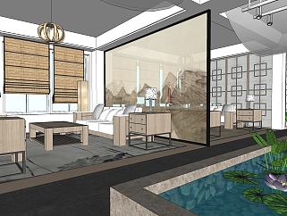 新中式酒店餐厅草图大师模型，餐厅隔间sketchup模型免费下载