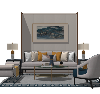 现代布艺沙发组合su模型，沙发草图大师模型下载