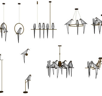 现代千纸鹤吊灯壁灯组合su模型，吊灯草图大师模型下载