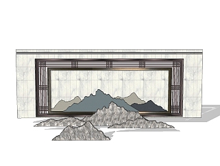 新中式山形特色景墙草图大师模型，特色景墙sketchup模型下载