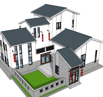 新中式别墅su模型下载、新中式别墅草图大师模型下载
