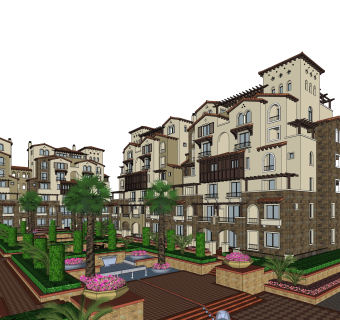 欧式连排别墅草图大师模型下载，别墅外观sketchup模型分享