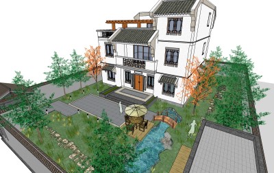 中式住宅景观草图大师模型，住宅景观sketchup模型下载