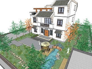中式住宅景观草图大师模型，住宅景观sketchup模型下载