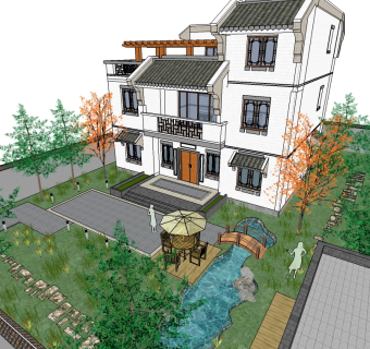 中式住宅景观草图大师模型，住宅景观sketchup模型下载