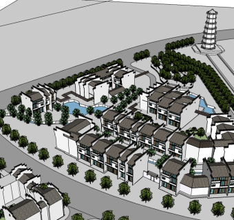 新中式小区规划草图大师模型免费下载，sketchup小区su模型分享