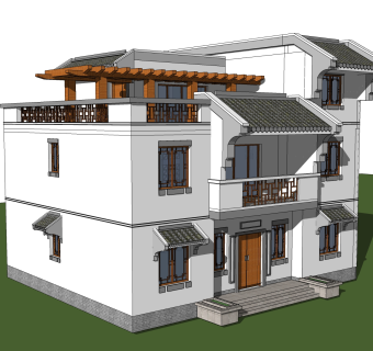 中式别墅建筑草图大师模型，古建民俗sketchup模型免费下载