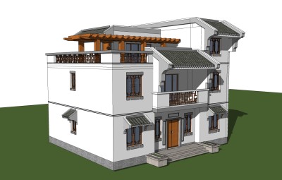 中式别墅建筑草图大师模型，古建民俗sketchup模型免费下载