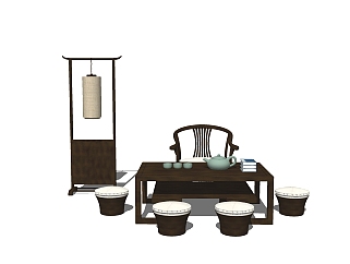 新中式茶桌su模型，茶桌草图大师模型下载