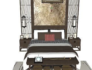 新中式风格床柜组合草图大师模型，床柜组合SU模型下载