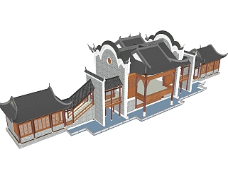 中式门楼戏台草图大师模型，门楼戏台sketchup模型免费下载