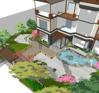 日式庭院建筑SU模型，庭院建筑SKB文件下载