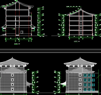 四层仿古建筑中学教学楼建筑施工图，教学楼CAD建筑图纸下载