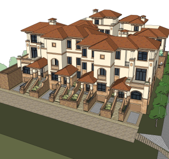 欧式联排别墅sketchup模型，别墅skp模型下载