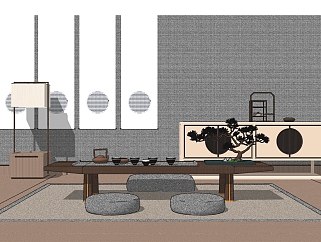 新中式茶桌<em>蒲团</em>组合su模型，茶桌sketchup模型下载