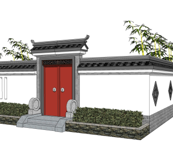 中式院门院墙草图大师模型，院门院墙sketchup模型免费下载