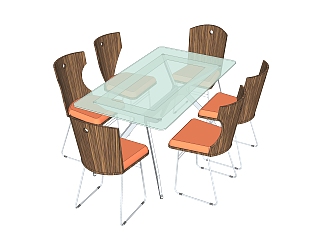 现代餐桌椅su模型，不锈钢餐桌草图大师模型下载