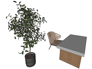 现代书桌休闲椅植物sketchup模型下载