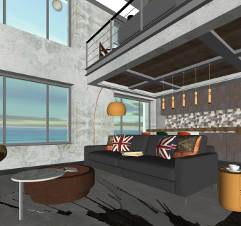 工业风复式客厅免费su模型草图大师文件下载