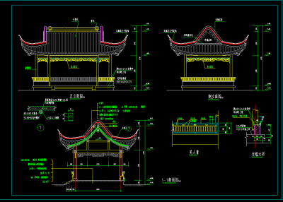 仿古亭子结构cad竣工图，景观亭cad图纸下载