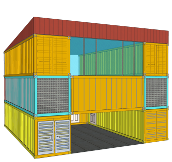 现代集装箱房屋su模型，集装箱住宅草图大师模型下载