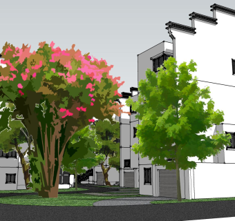 中式联排别墅su模型，别墅skb文件下载