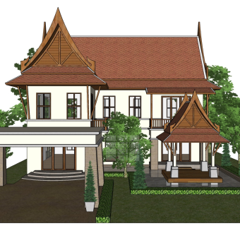 东南亚风格别墅su模型下载、东南亚风格别墅草图大师模型下载