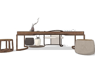 <em>新中式</em>茶桌椅组合su模型，茶桌sketchup模型下载