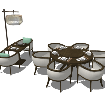 新中式餐厅桌椅组合草图大师模型，餐厅桌椅组合sketchup模型下载