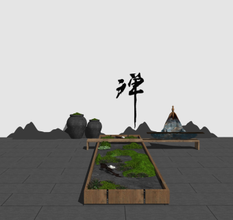 中式户外禅意片石实木种植箱配茶台草图大师模型，户外禅意片石实木种植箱配茶台sketchup模型下载