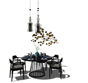 新中式餐桌椅组合skp模型，餐桌椅su模型下载