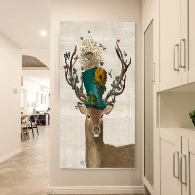 手绘灰色底色麋鹿头顶帽子树叶装饰画，过道走廊竖版简约现代进门壁入户背景墙