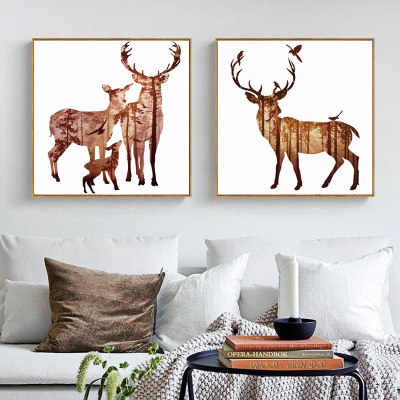 麋鹿剪影森林风装饰画，简约麋鹿客厅沙发背景墙装饰画