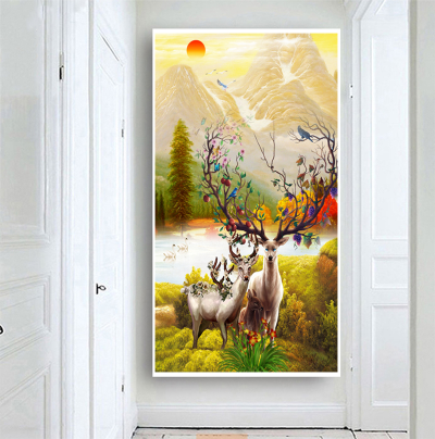 北欧玄关墙面装饰画，彩绘彩色驯鹿山水画装饰画