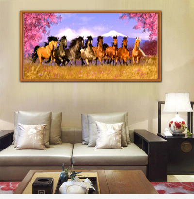 樱花树下高清八骏图装饰画，简约中式客厅沙发背景装饰画
