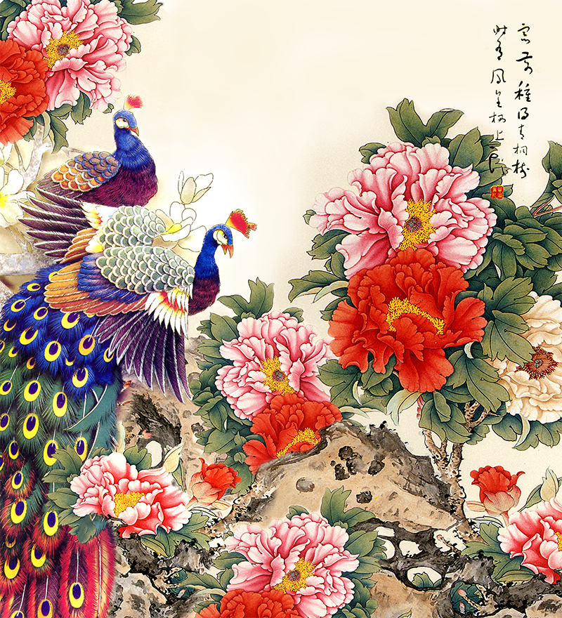 彩色牡丹凤凰花卉装饰画，北欧简约客厅玄关电视背景装饰画 (2).jpg