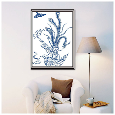 蓝色手绘凤凰古典装饰画，简约北欧客厅沙发背景装饰画