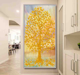 金色大气摇钱树装饰画，简约现代玄关过道走廊背景墙装饰画