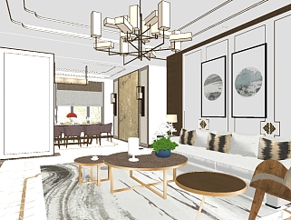 新中式客餐厅的草图模型，客餐厅草图大师模型下载