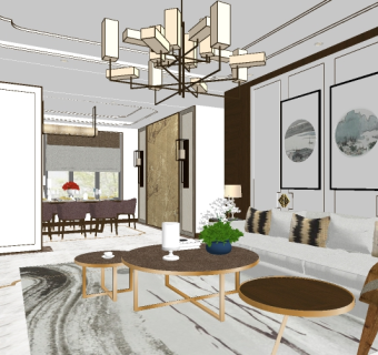 新中式客餐厅的草图模型，客餐厅草图大师模型下载