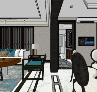 中式复古客餐厅的草图模型，客餐厅草图大师模型下载