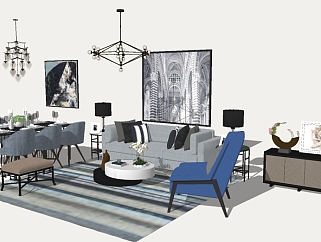 北欧风格<em>客</em>餐厅的草图模型，沙发组合和餐桌草图大师...