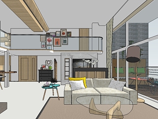 北欧风格<em>复式</em>楼房整体草图模型，室内设计sketchup模型...