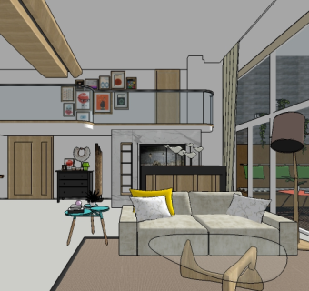 北欧风格复式楼房整体草图模型，室内设计sketchup模型库