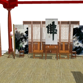 中式古风佛家禅室草图模型，中式座椅草图模型sketchup下载