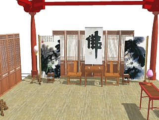 中式古风佛家禅室草图模型，中式座椅草图模型sketchup...